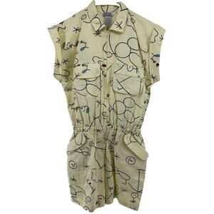 VTG Here's A Hug Printed Shirt Romper Zip Up Drop Sleeve 100% Cotton Yellow L